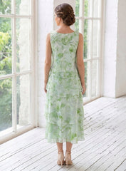 2 Pieces A-Line/Princess Scoop Chiffon Mother of the Bride Dresses with Jacket Floral Tea-Length 3/4 Sleeves Ruffles