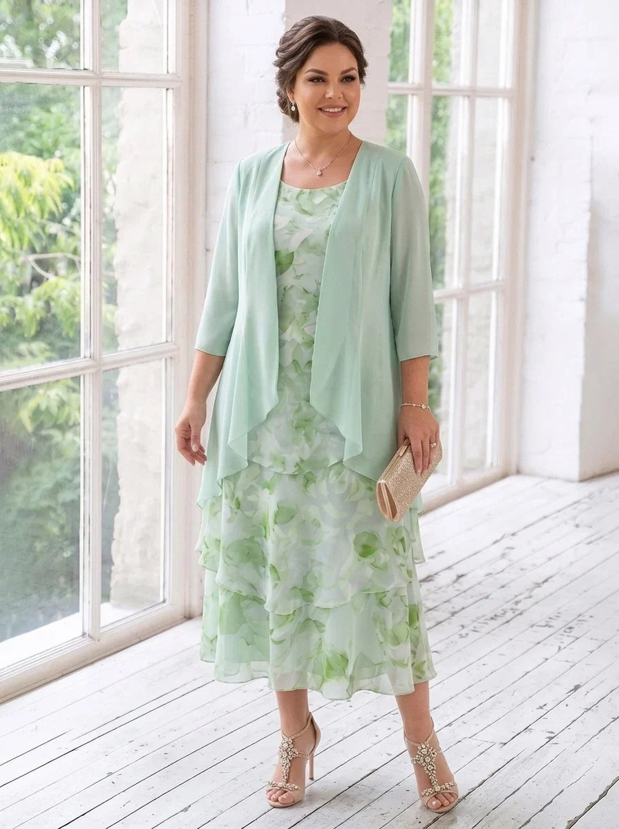 2 Pieces A-Line/Princess Scoop Chiffon Plus Size Mother of the Bride Dresses with Jacket Floral Tea-Length 3/4 Sleeves Ruffles
