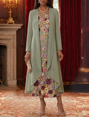 2 Pieces Chiffon A-Line/Princess Scoop Mother of the Bride Dresses with Jacket Tea-Length Long Sleeves Lace Floral