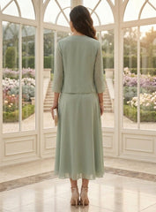 2 Pieces Chiffon A-Line/Princess Scoop Mother of the Bride Dresses with Jacket Tea-Length 3/4 Sleeves Lace Floral