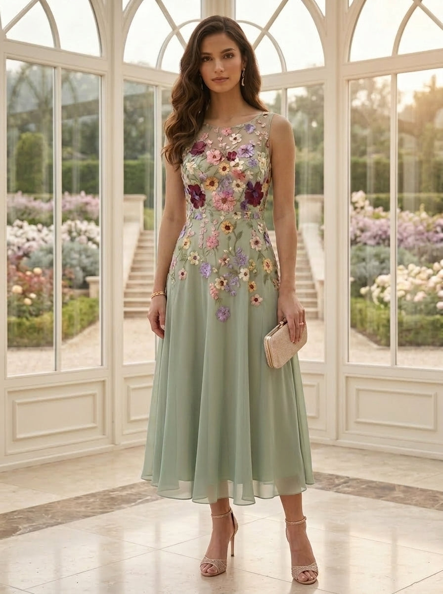 2 Pieces Chiffon A-Line/Princess Scoop Mother of the Bride Dresses with Jacket Tea-Length 3/4 Sleeves Lace Floral