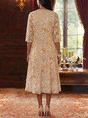 2 Pieces A-Line/Princess Scoop Chiffon Lace Mother of the Bride Dresses with Jacket Floral Tea-Length 3/4 Sleeves Ruffles