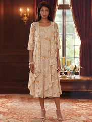 2 Pieces A-Line/Princess Scoop Chiffon Lace Mother of the Bride Dresses with Jacket Floral Tea-Length 3/4 Sleeves Ruffles