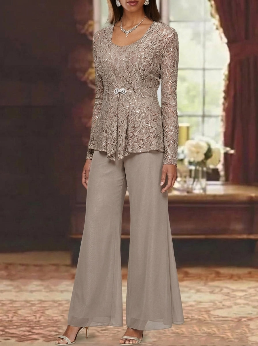 3 Pieces Scoop Lace Mother of the Bride Pantsuits with Jacket Long Sleeves Ankle-Length