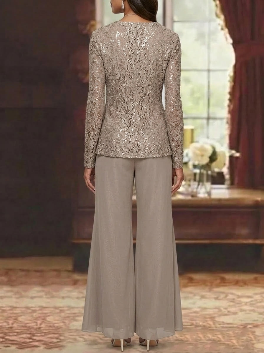 3 Pieces Scoop Lace Mother of the Bride Pantsuits with Jacket Long Sleeves Ankle-Length