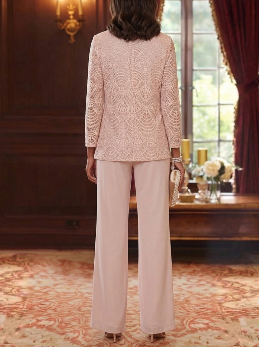 3 Pieces Scoop Chiffon Mother of the Bride Pantsuits with Jacket Lace Ankle-Length Long Sleeves