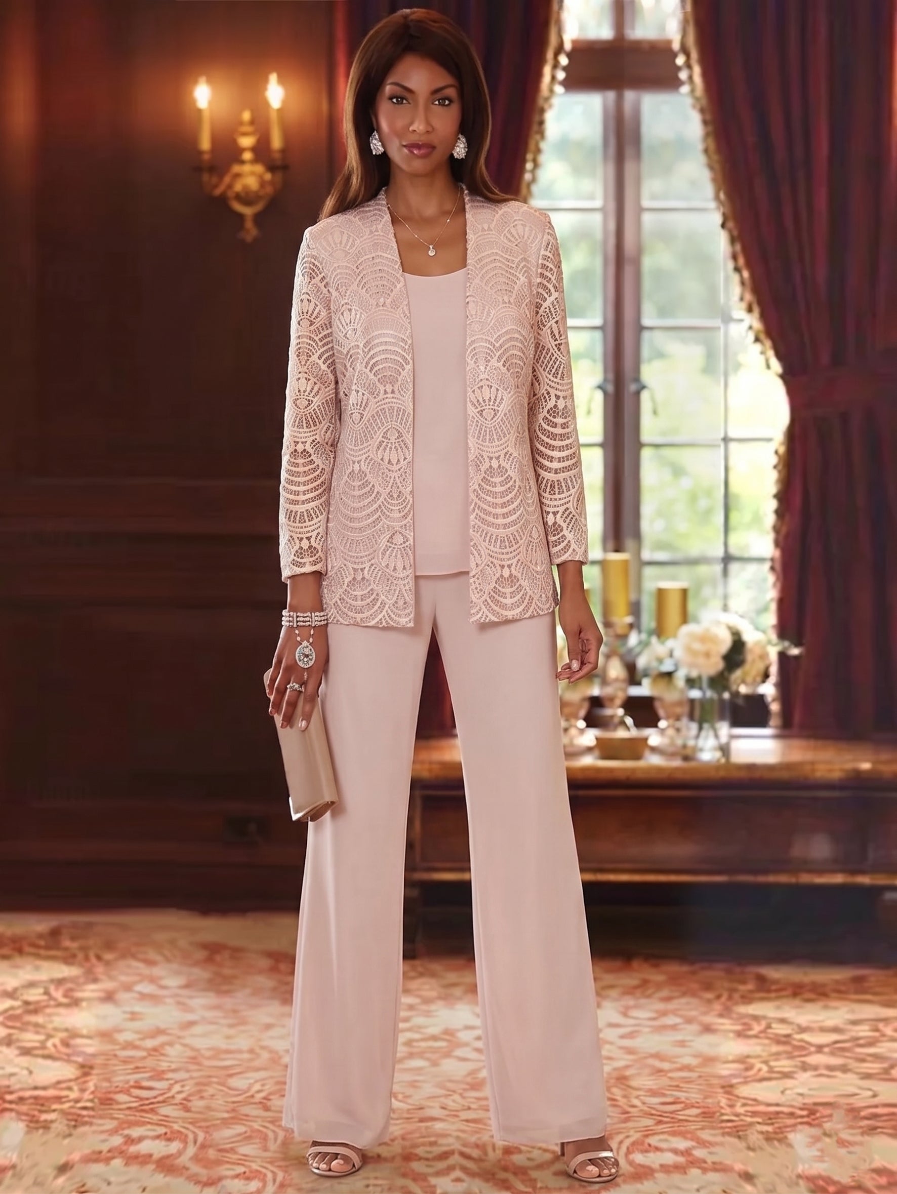 3 Pieces Scoop Chiffon Mother of the Bride Pantsuits with Jacket Lace Ankle-Length Long Sleeves