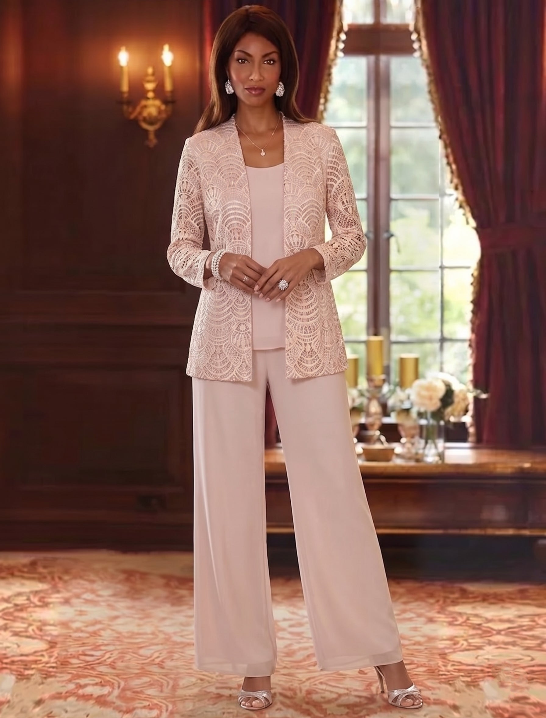 3 Pieces Scoop Chiffon Mother of the Bride Pantsuits with Jacket Lace Ankle-Length Long Sleeves