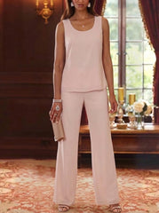 3 Pieces Scoop Chiffon Mother of the Bride Pantsuits with Jacket Lace Ankle-Length Long Sleeves
