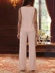 3 Pieces Scoop Chiffon Mother of the Bride Pantsuits with Jacket Lace Ankle-Length Long Sleeves
