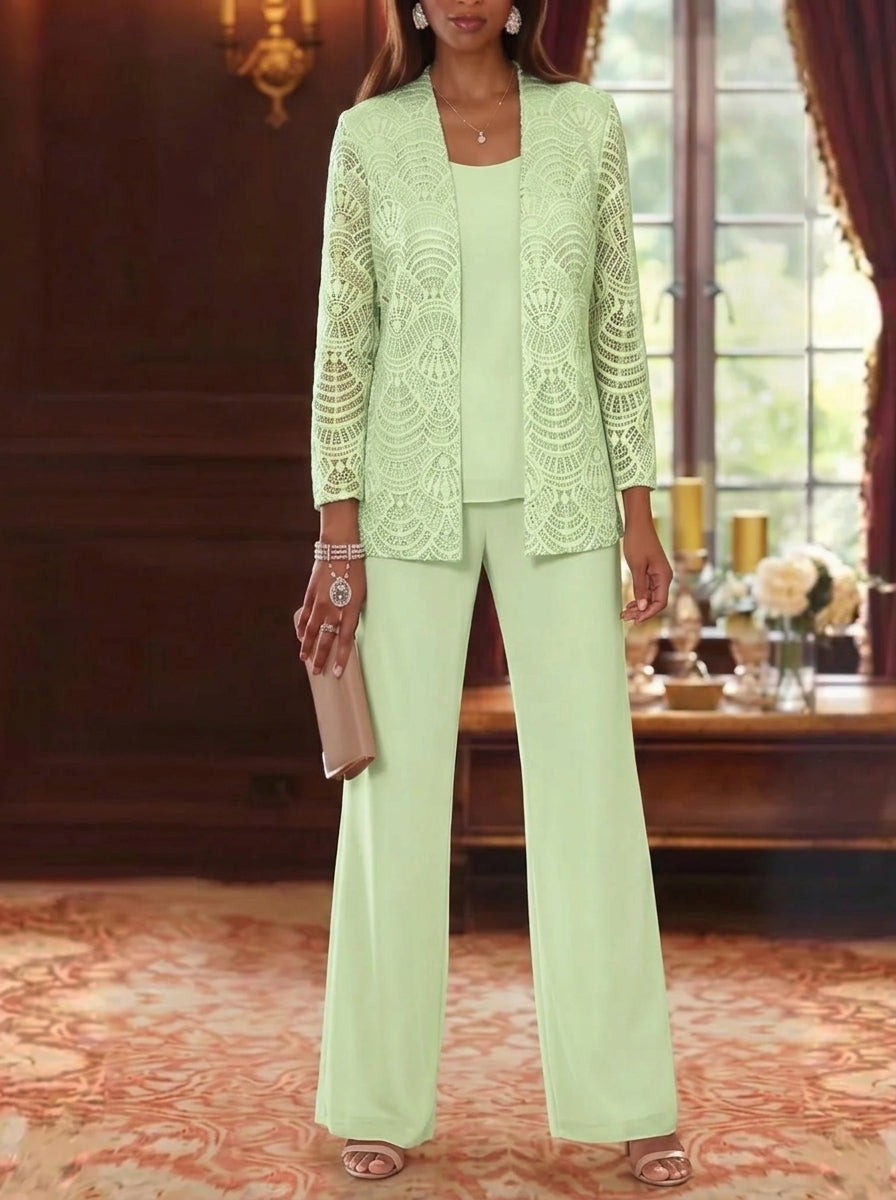 3 Pieces Scoop Chiffon Mother of the Bride Pantsuits with Jacket Lace Ankle-Length Long Sleeves