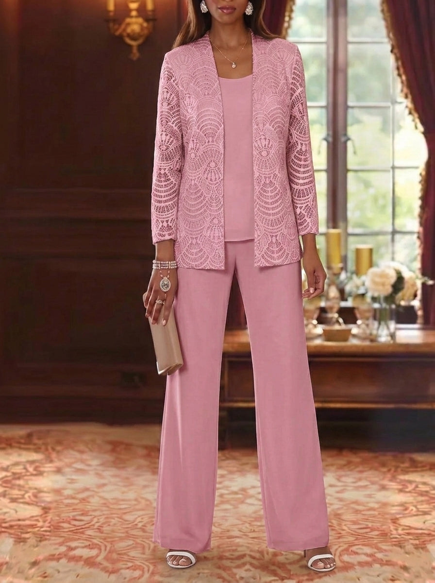 3 Pieces Scoop Chiffon Mother of the Bride Pantsuits with Jacket Lace Ankle-Length Long Sleeves