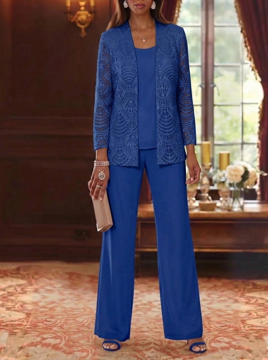 3 Pieces Scoop Chiffon Mother of the Bride Pantsuits with Jacket Lace Ankle-Length Long Sleeves