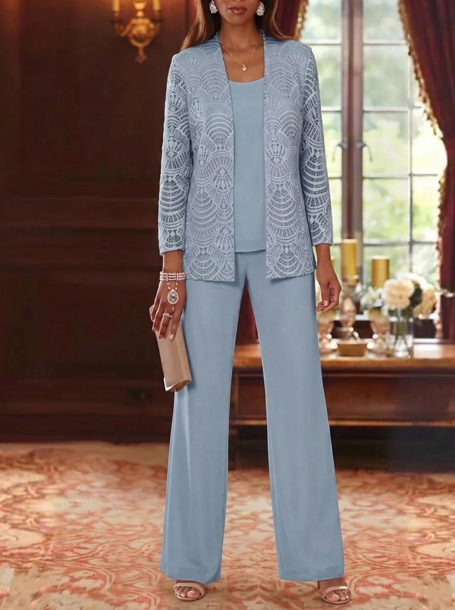 3 Pieces Scoop Chiffon Mother of the Bride Pantsuits with Jacket Lace Ankle-Length Long Sleeves