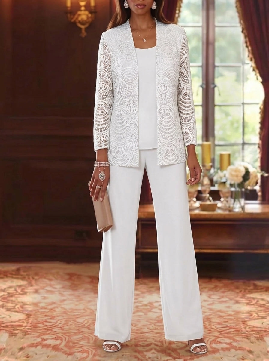 3 Pieces Scoop Chiffon Mother of the Bride Pantsuits with Jacket Lace Ankle-Length Long Sleeves