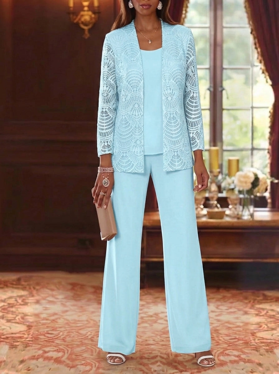 3 Pieces Scoop Chiffon Mother of the Bride Pantsuits with Jacket Lace Ankle-Length Long Sleeves