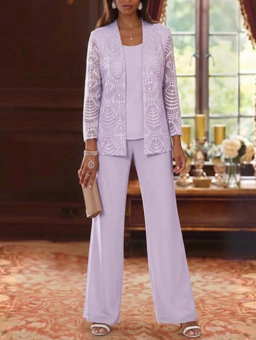 3 Pieces Scoop Chiffon Mother of the Bride Pantsuits with Jacket Lace Ankle-Length Long Sleeves