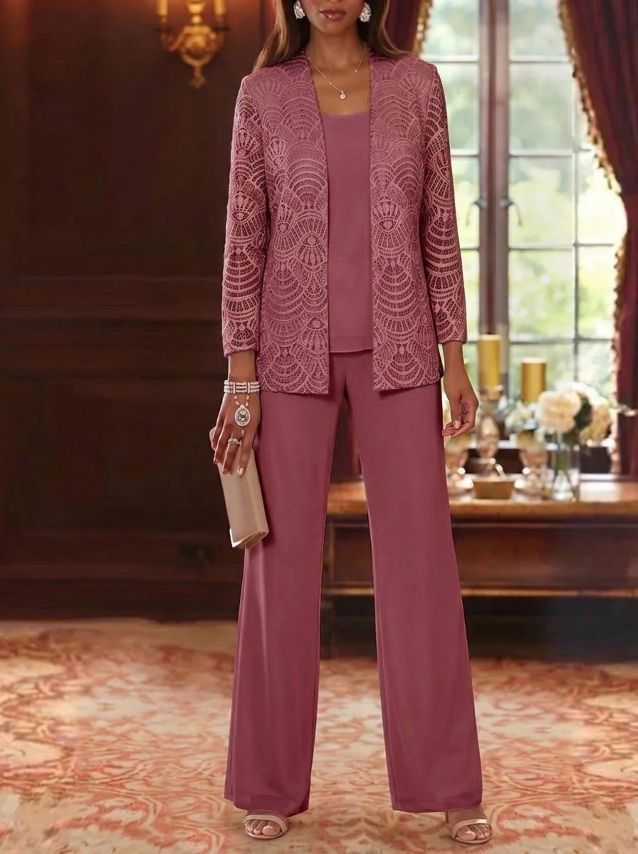 3 Pieces Scoop Chiffon Mother of the Bride Pantsuits with Jacket Lace Ankle-Length Long Sleeves