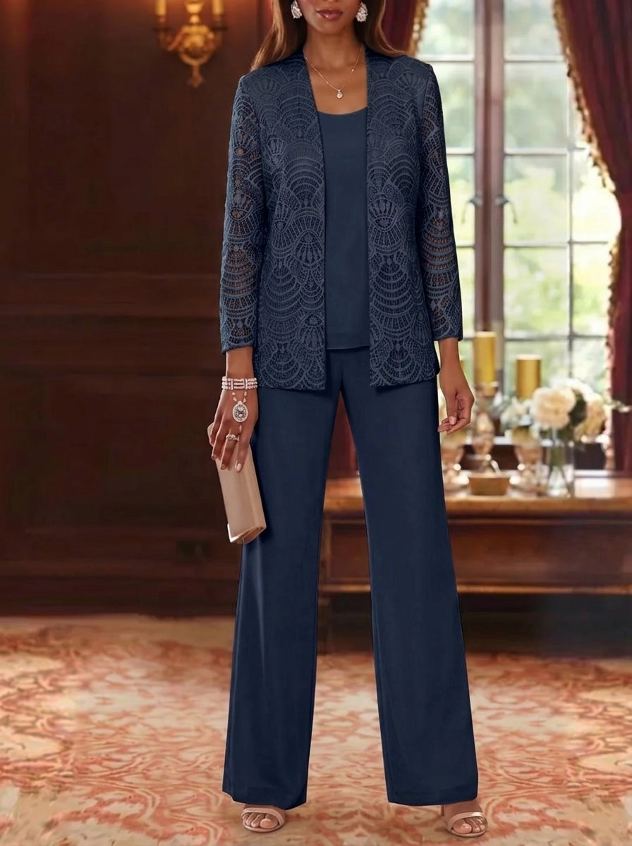 3 Pieces Scoop Chiffon Mother of the Bride Pantsuits with Jacket Lace Ankle-Length Long Sleeves