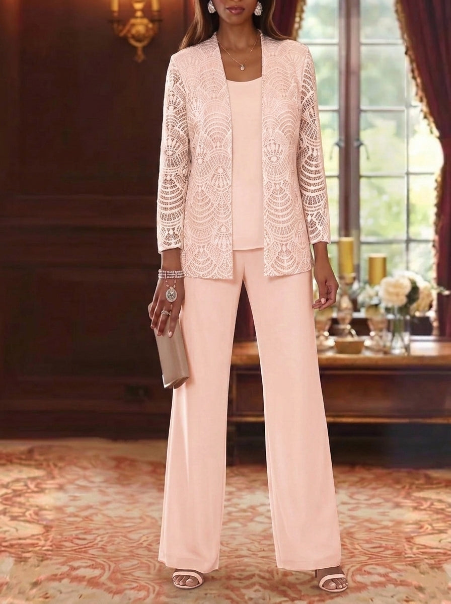 3 Pieces Scoop Chiffon Mother of the Bride Pantsuits with Jacket Lace Ankle-Length Long Sleeves