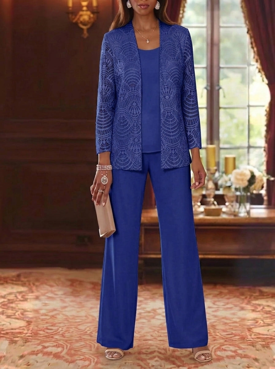 3 Pieces Scoop Chiffon Mother of the Bride Pantsuits with Jacket Lace Ankle-Length Long Sleeves