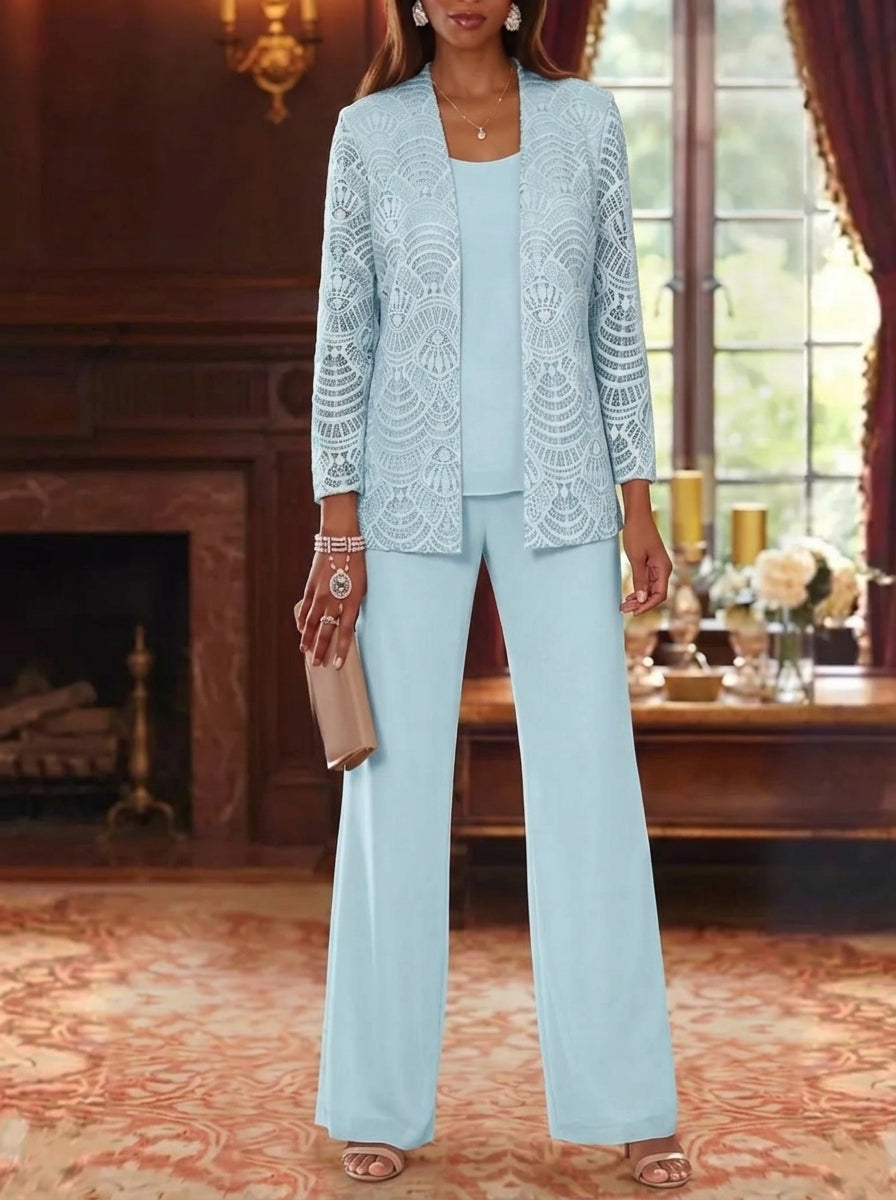 3 Pieces Scoop Chiffon Mother of the Bride Pantsuits with Jacket Lace Ankle-Length Long Sleeves