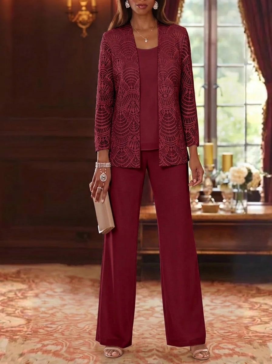 3 Pieces Scoop Chiffon Mother of the Bride Pantsuits with Jacket Lace Ankle-Length Long Sleeves