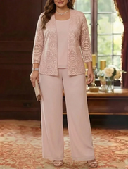 3 Pieces Scoop Chiffon Plus Size Mother of the Bride Pantsuits with Jacket Lace Ankle-Length Long Sleeves