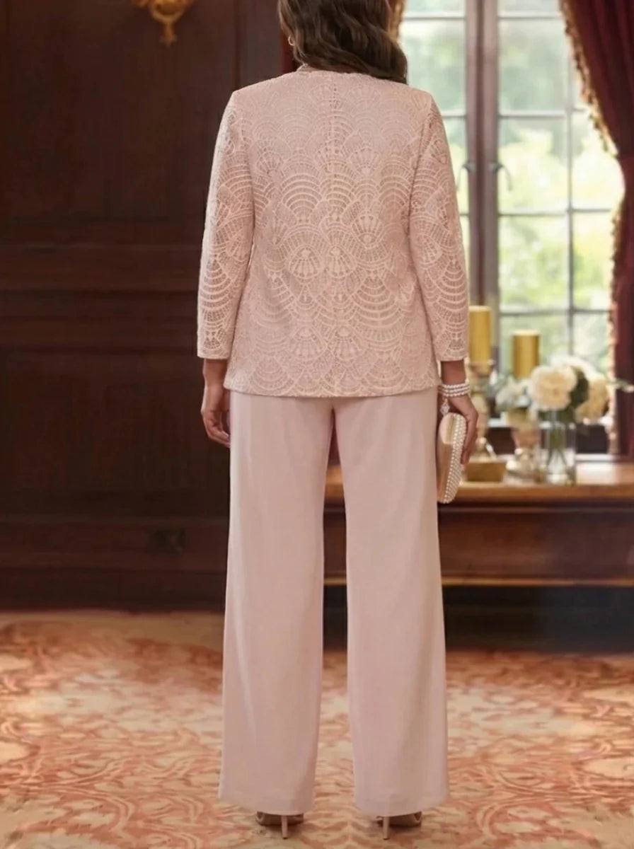 3 Pieces Scoop Chiffon Plus Size Mother of the Bride Pantsuits with Jacket Lace Ankle-Length Long Sleeves