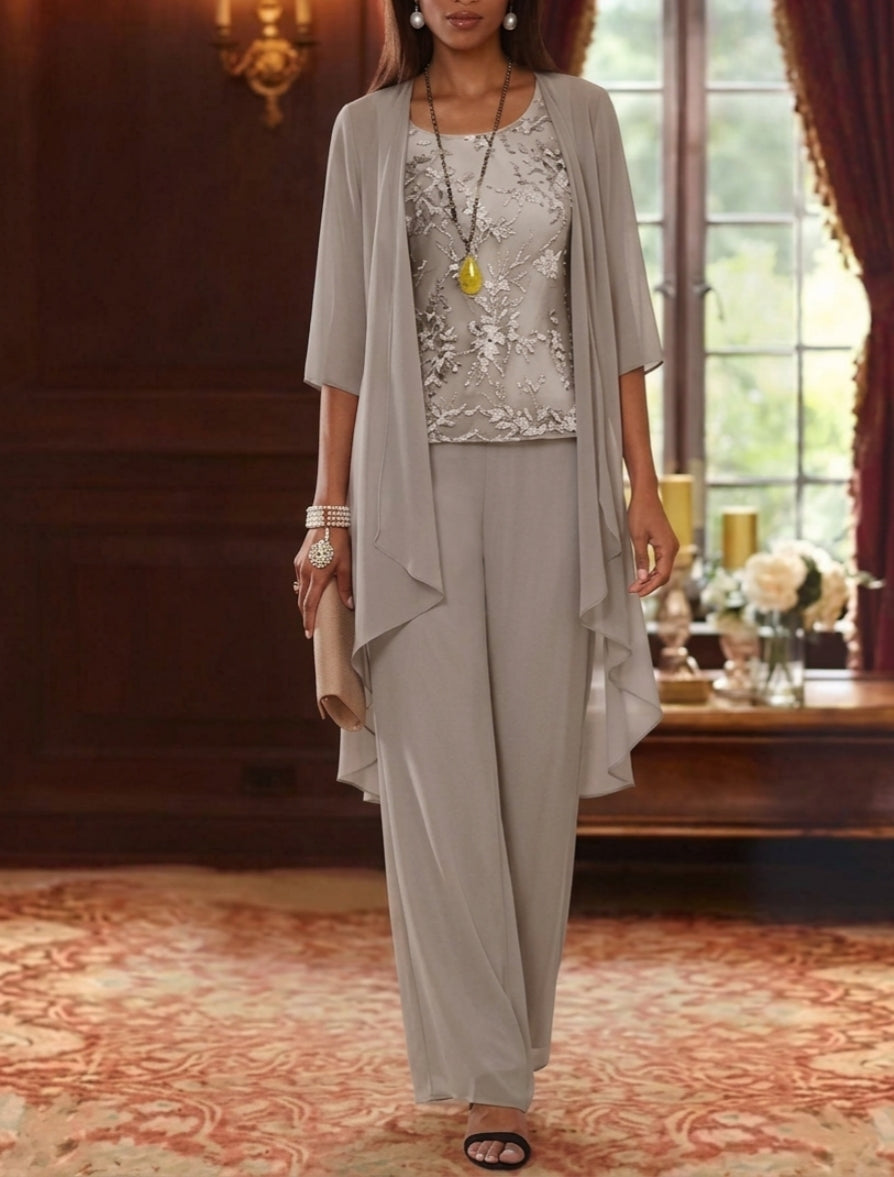 3 Pieces Scoop Chiffon Mother of the Bride Pantsuits with Jacket 3/4 Sleeves Ankle-Length Lace Floral