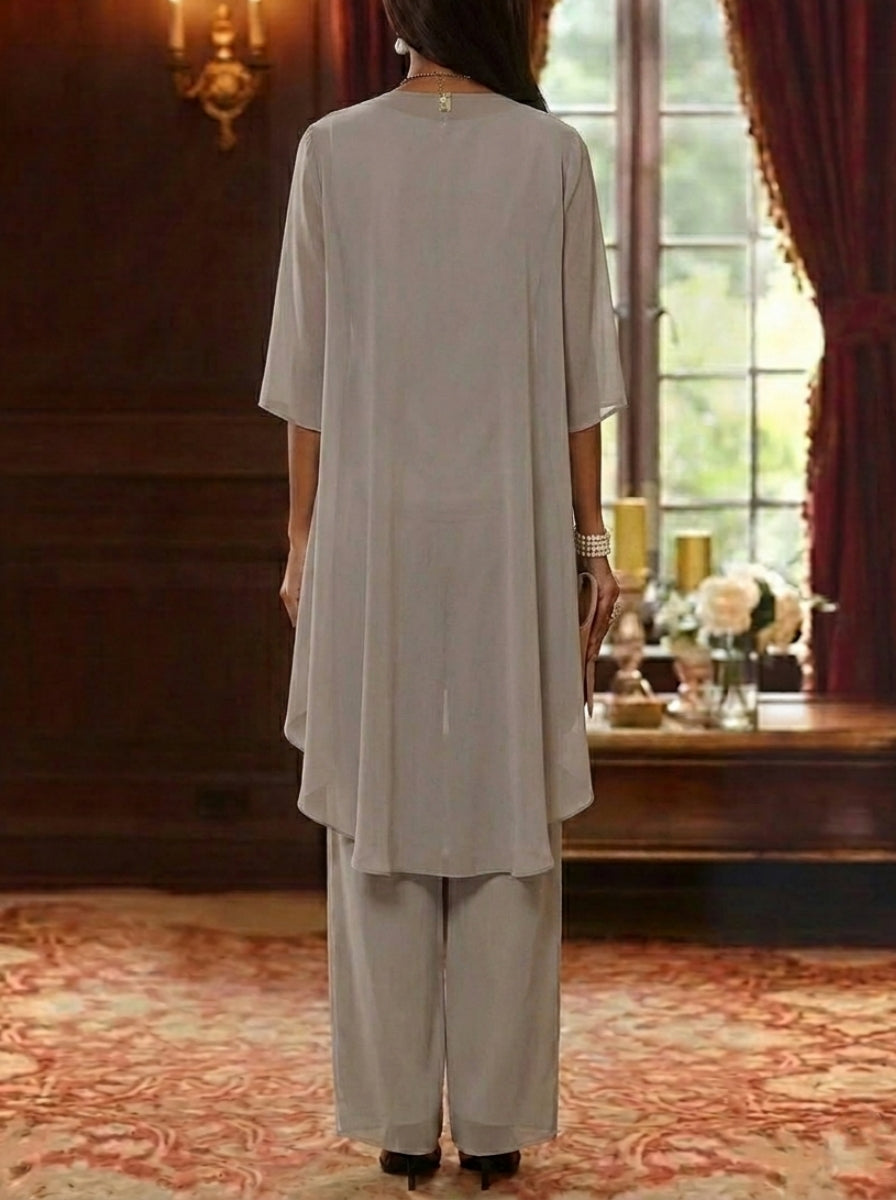3 Pieces Scoop Chiffon Mother of the Bride Pantsuits with Jacket 3/4 Sleeves Ankle-Length Lace Floral