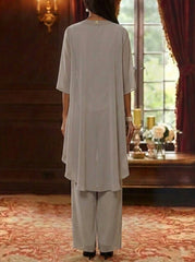 3 Pieces Scoop Chiffon Mother of the Bride Pantsuits with Jacket 3/4 Sleeves Ankle-Length Lace Floral