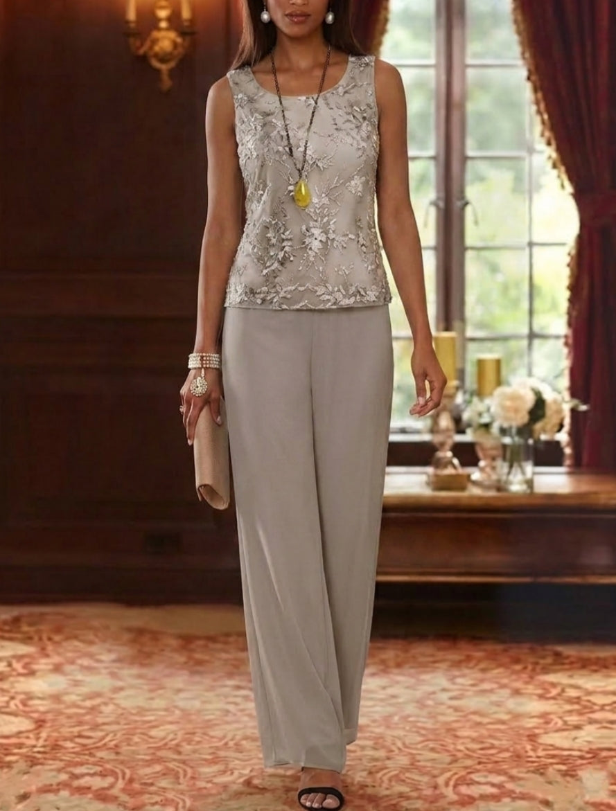 3 Pieces Scoop Chiffon Mother of the Bride Pantsuits with Jacket 3/4 Sleeves Ankle-Length Lace Floral