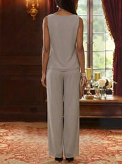 3 Pieces Scoop Chiffon Mother of the Bride Pantsuits with Jacket 3/4 Sleeves Ankle-Length Lace Floral