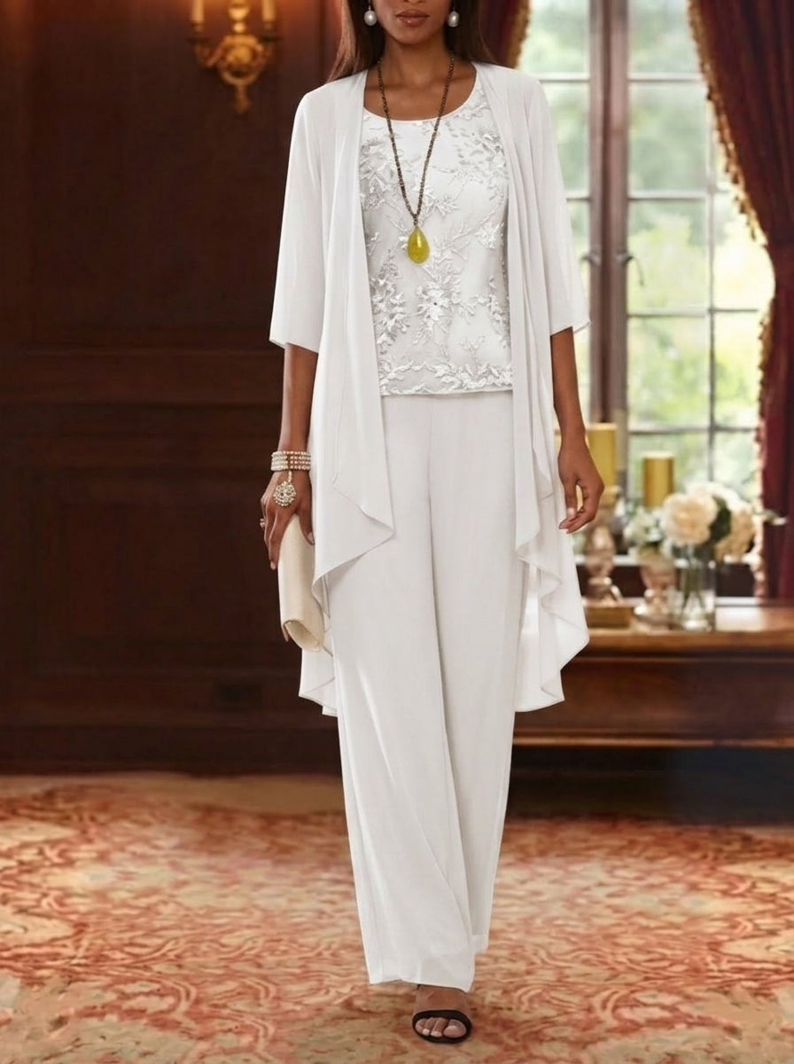 3 Pieces Scoop Chiffon Mother of the Bride Pantsuits with Jacket 3/4 Sleeves Ankle-Length Lace Floral