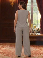 3 Pieces Scoop Chiffon Plus Size Mother of the Bride Pantsuits with Jacket 3/4 Sleeves Ankle-Length Lace Floral