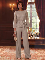 2 Pieces Boat Neck Chiffon Mother of the Bride Pantsuits 3/4 Sleeves Floor-Length Belt Lace Sequin