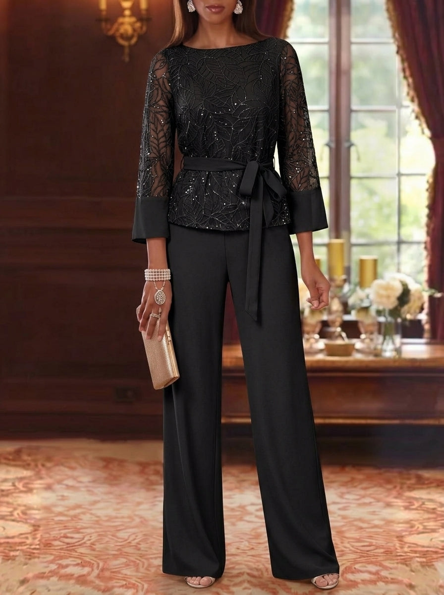 2 Pieces Boat Neck Chiffon Mother of the Bride Pantsuits 3/4 Sleeves Floor-Length Belt Lace Sequin