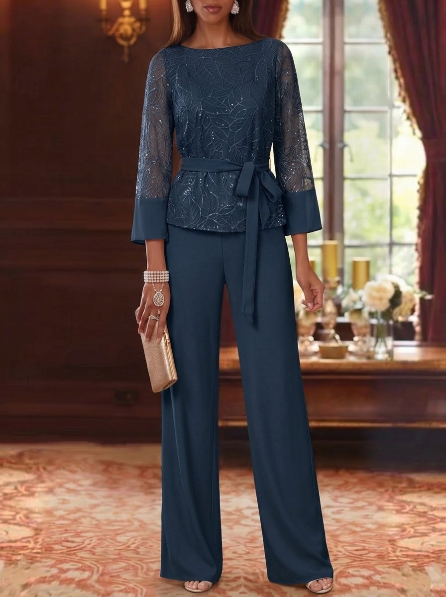 2 Pieces Boat Neck Chiffon Mother of the Bride Pantsuits 3/4 Sleeves Floor-Length Belt Lace Sequin