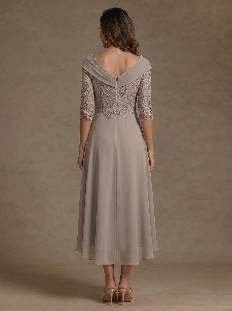 A-Line/Princess Boat Neck Chiffon Mother of the Bride Dresses Half Sleeves Lace High-Low Tea-Length