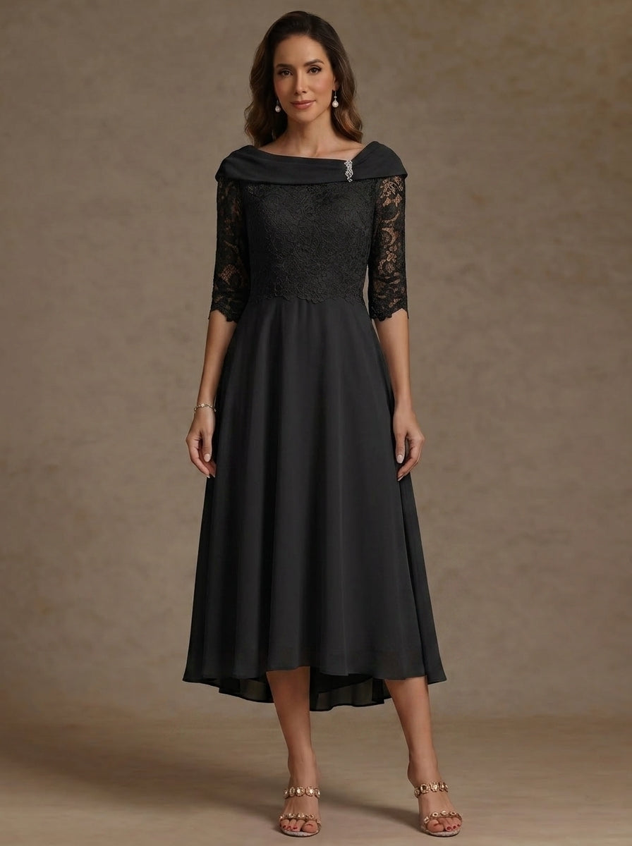 A-Line/Princess Boat Neck Chiffon Mother of the Bride Dresses Half Sleeves Lace High-Low Tea-Length