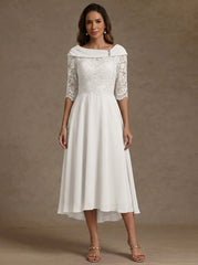 A-Line/Princess Boat Neck Chiffon Mother of the Bride Dresses Half Sleeves Lace High-Low Tea-Length
