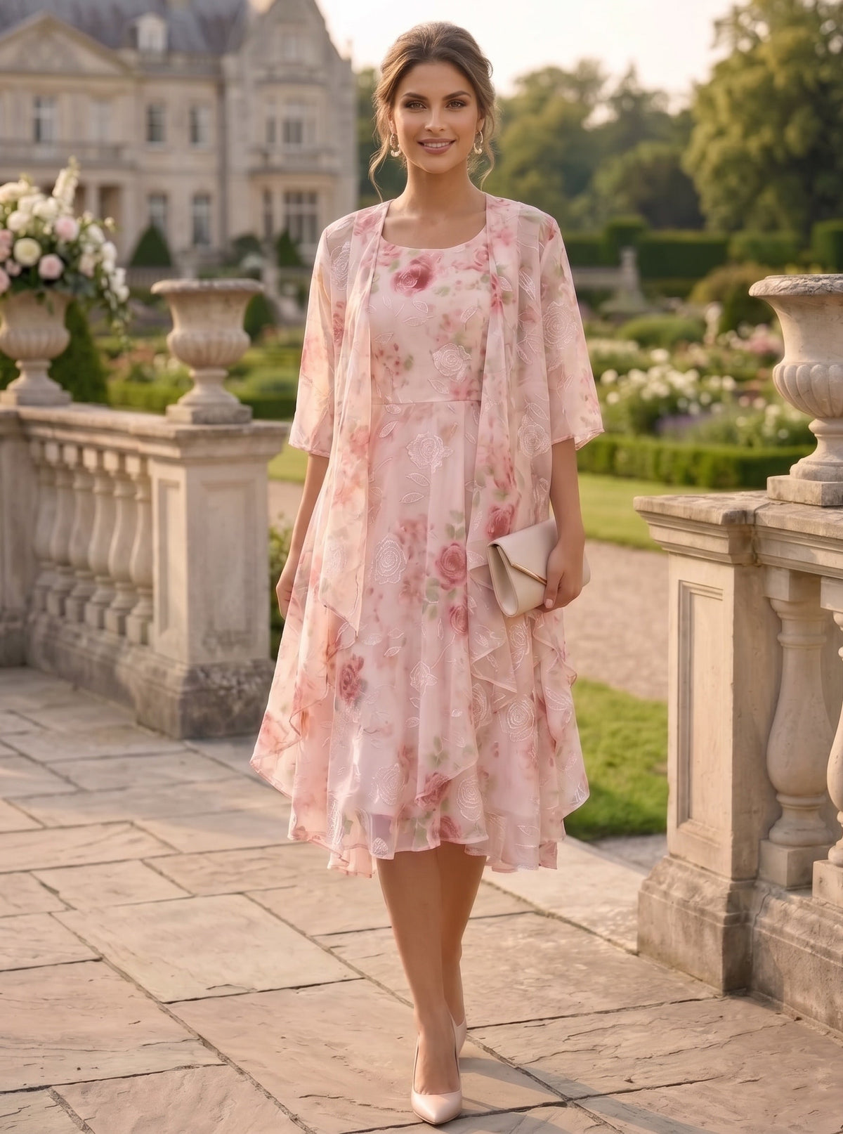 2 Pieces A-Line/Princess Scoop Chiffon Mother of the Bride Dresses with Wrap Floral Half Sleeves Tea-Length