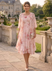 2 Pieces A-Line/Princess Scoop Chiffon Mother of the Bride Dresses with Wrap Floral Half Sleeves Tea-Length