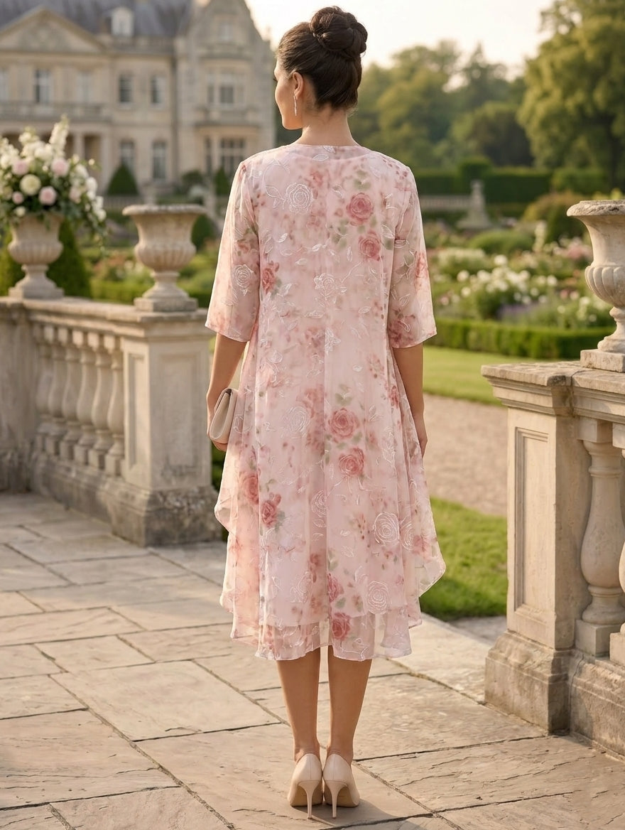 2 Pieces A-Line/Princess Scoop Chiffon Mother of the Bride Dresses with Wrap Floral Half Sleeves Tea-Length