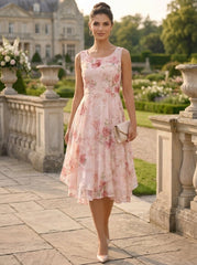 2 Pieces A-Line/Princess Scoop Chiffon Mother of the Bride Dresses with Wrap Floral Half Sleeves Tea-Length