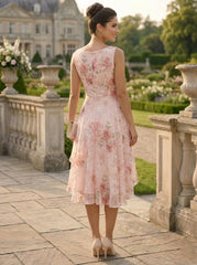 2 Pieces A-Line/Princess Scoop Chiffon Mother of the Bride Dresses with Wrap Floral Half Sleeves Tea-Length