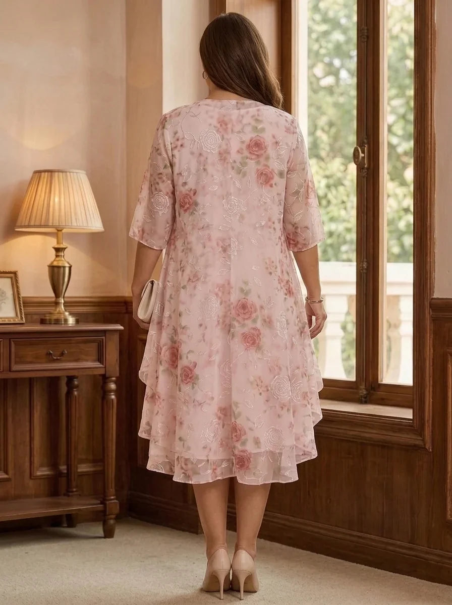 2 Pieces A-Line/Princess Scoop Chiffon Plus Size Mother of the Bride Dresses with Wrap Floral Half Sleeves Tea-Length