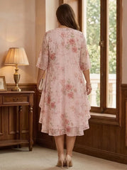 2 Pieces A-Line/Princess Scoop Chiffon Plus Size Mother of the Bride Dresses with Wrap Floral Half Sleeves Tea-Length