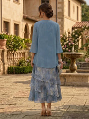 2 Pieces A-Line/Princess Scoop Chiffon Mother of the Bride Dresses with Jacket Floral 3/4 Sleeves Tea-Length